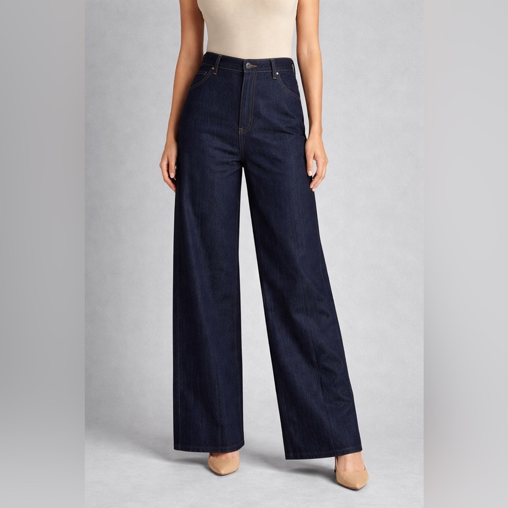 Zara Wide Leg Dark Denim Pants - High Waist Tailored Jeans Size L